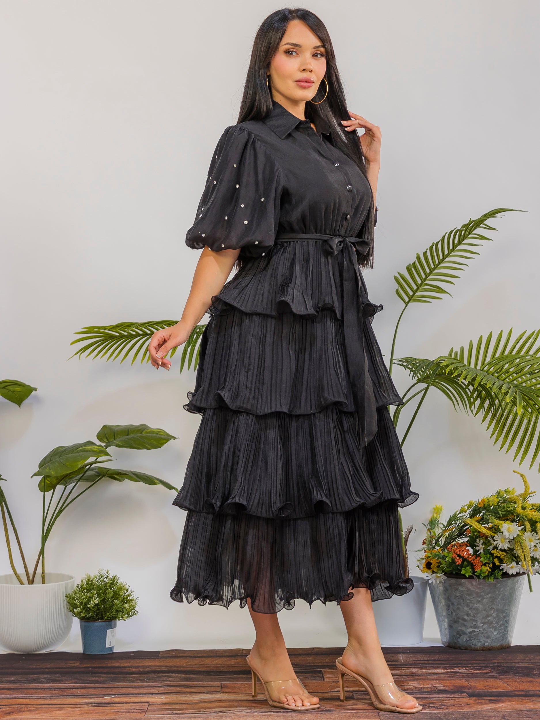 ZB128S-X - Plus Size Tiered Pleated Midi Dress