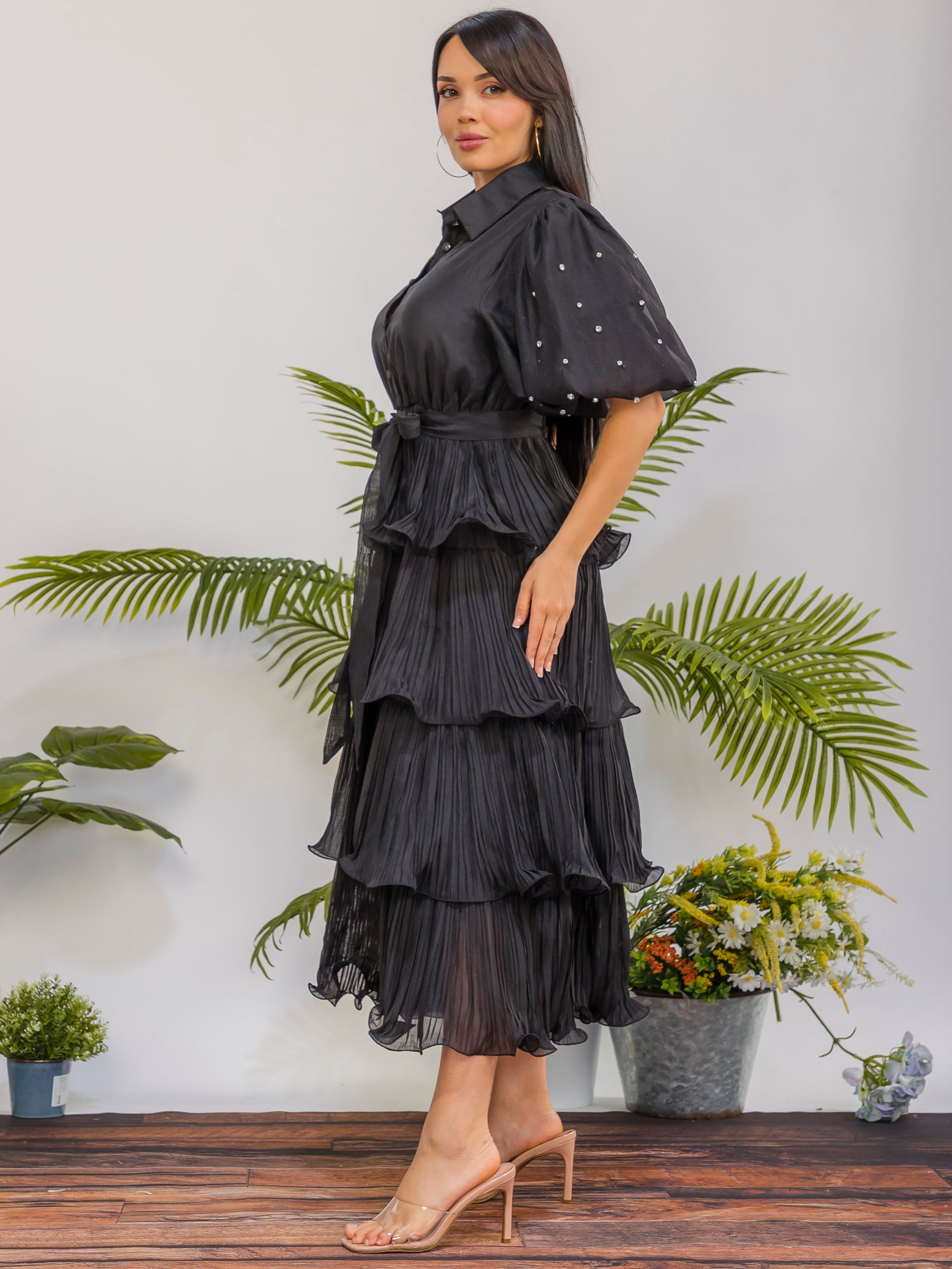 ZB128S-R - Tiered Pleated Midi Dress