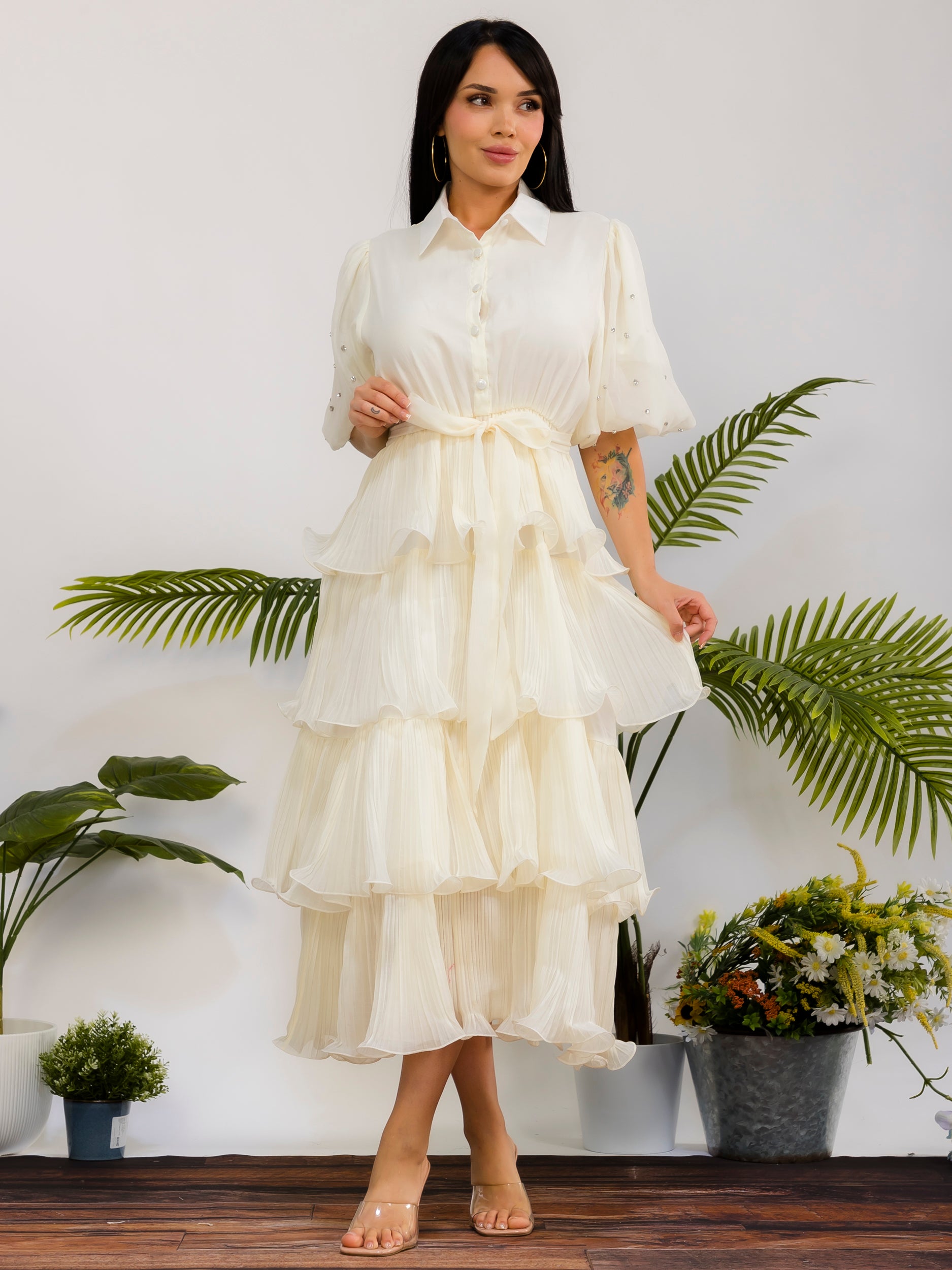 ZB128S-X - Plus Size Tiered Pleated Midi Dress
