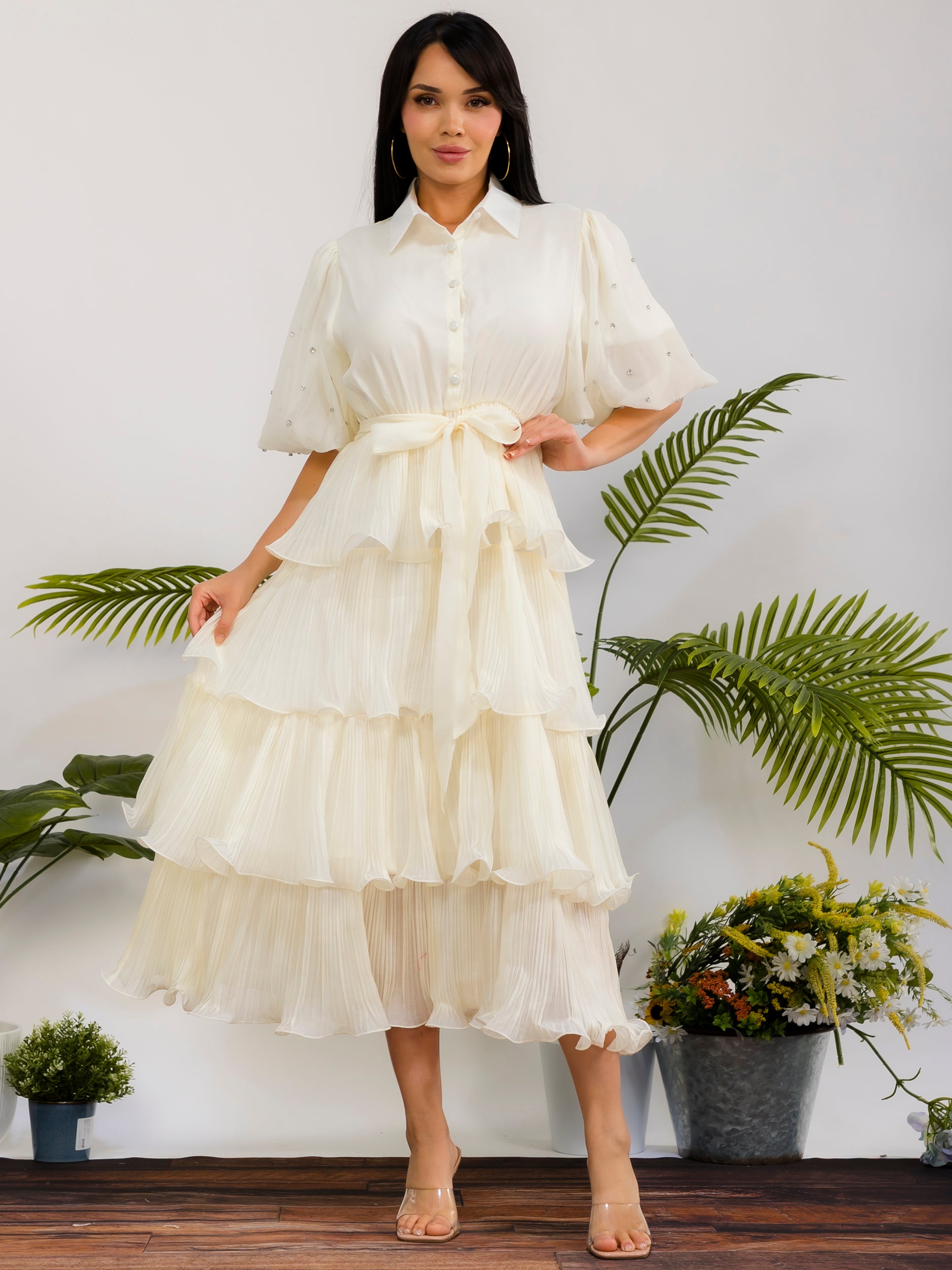 ZB128S-X - Plus Size Tiered Pleated Midi Dress
