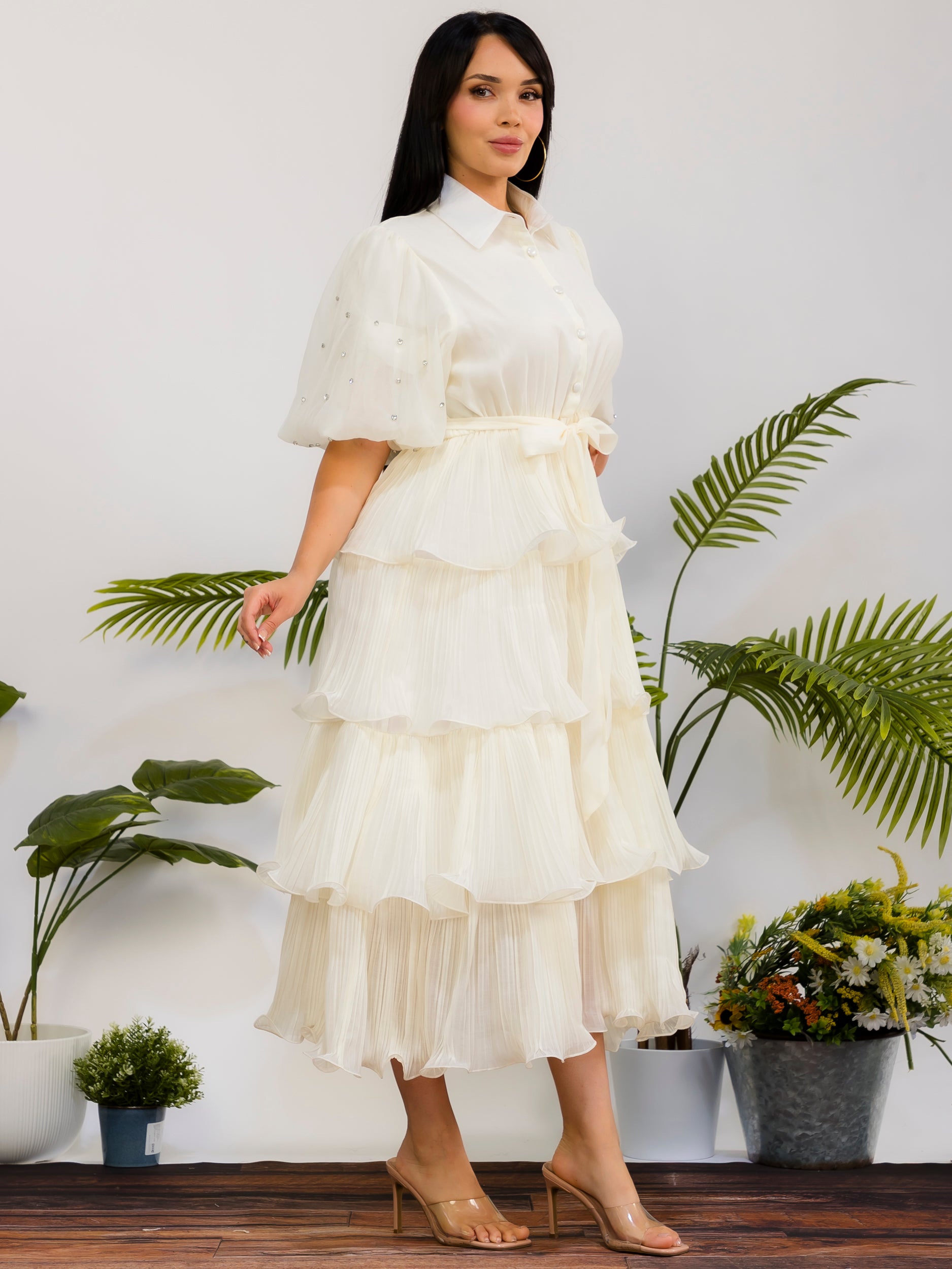 ZB128S-R - Tiered Pleated Midi Dress