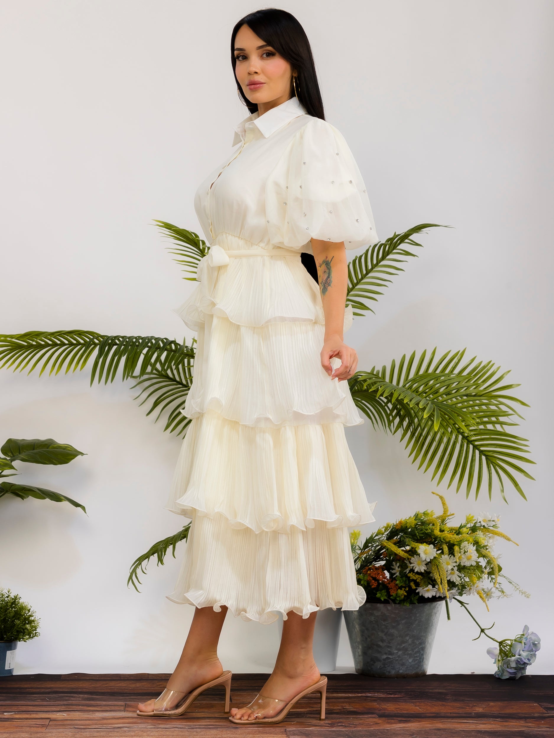ZB128S-X - Plus Size Tiered Pleated Midi Dress