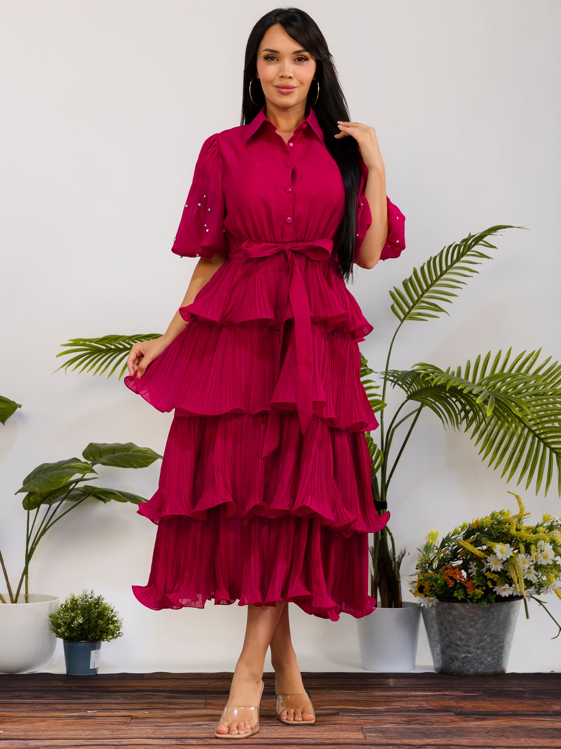 ZB128S-X - Plus Size Tiered Pleated Midi Dress