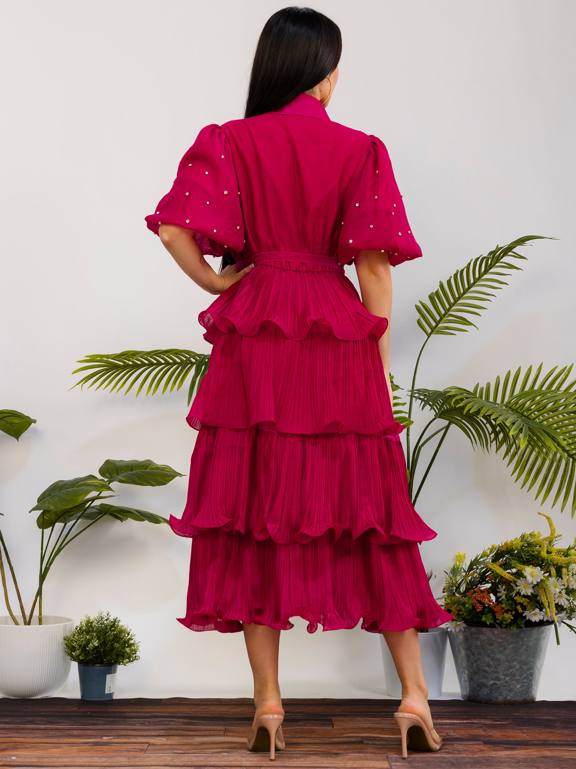 ZB128S-R - Tiered Pleated Midi Dress