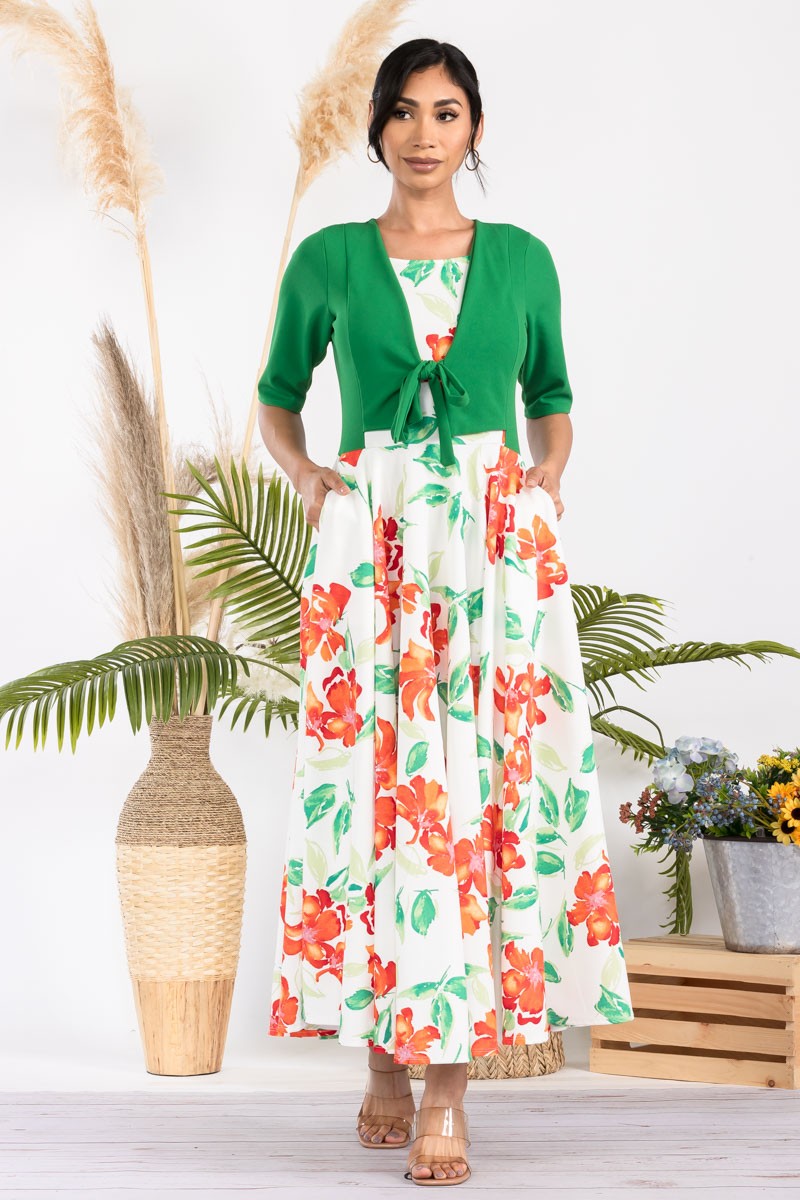 HH737R-FLOWER1 - FLORAL CHURCH MAXI DRESS WITH CROPPED TOP