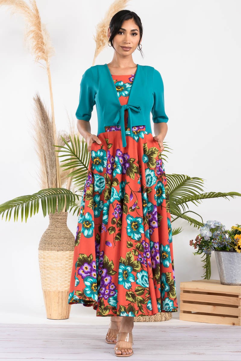 HH737R-FLOWER1 - FLORAL CHURCH MAXI DRESS WITH CROPPED TOP