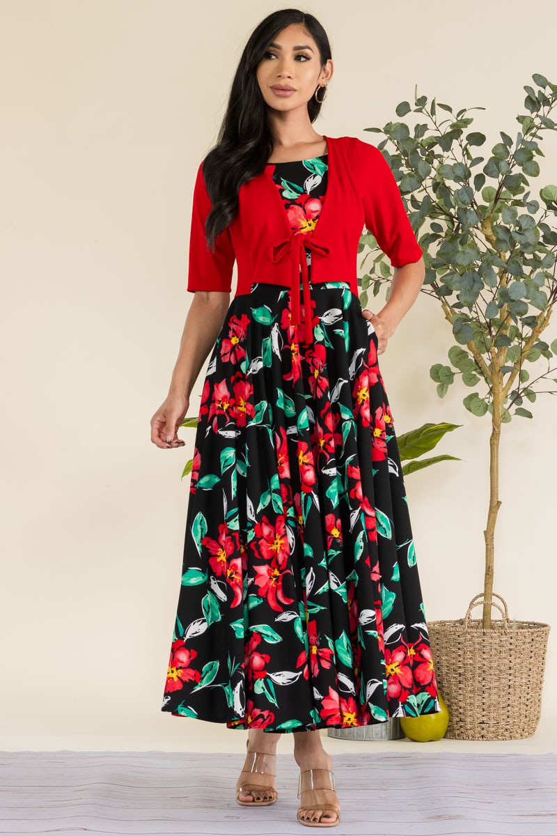 HH737R-FLOWER1 - FLORAL CHURCH MAXI DRESS WITH CROPPED TOP