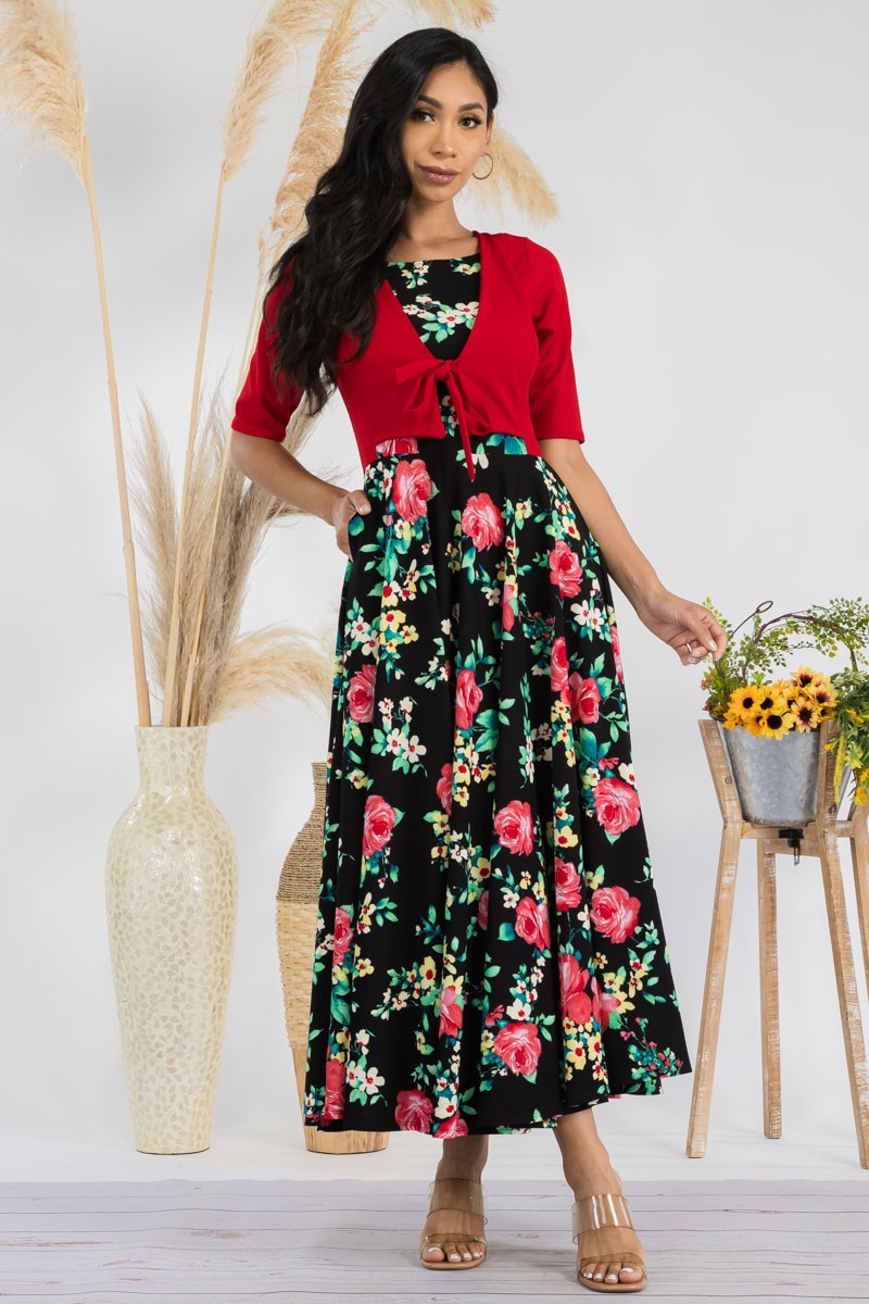 HH737R-FLOWER1 - FLORAL CHURCH MAXI DRESS WITH CROPPED TOP
