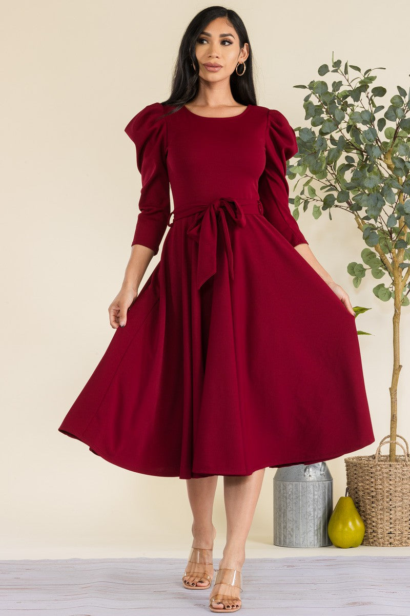HH698R-LS-S1 Puff Sleeve Midi A-Line Dress with Waist Tie