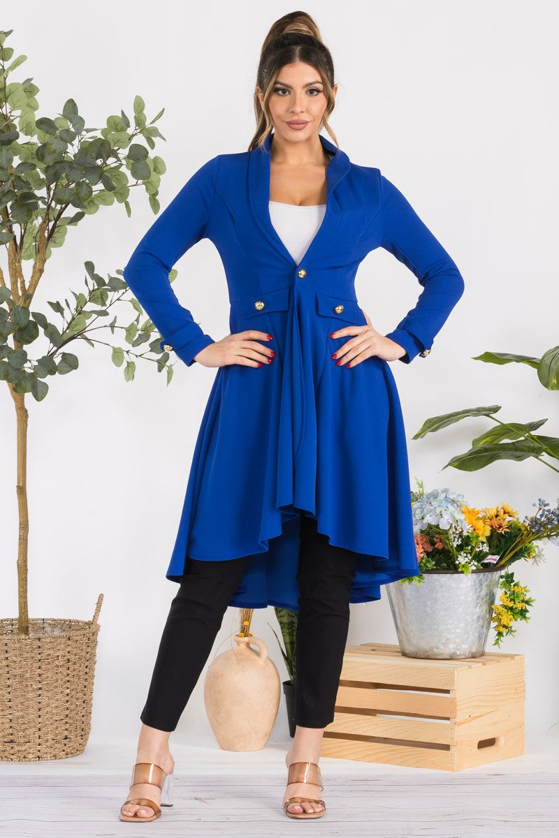 HH744X-SOLID - CREPE KNIT CHAIN BUTTON HI-LO CARDIGAN