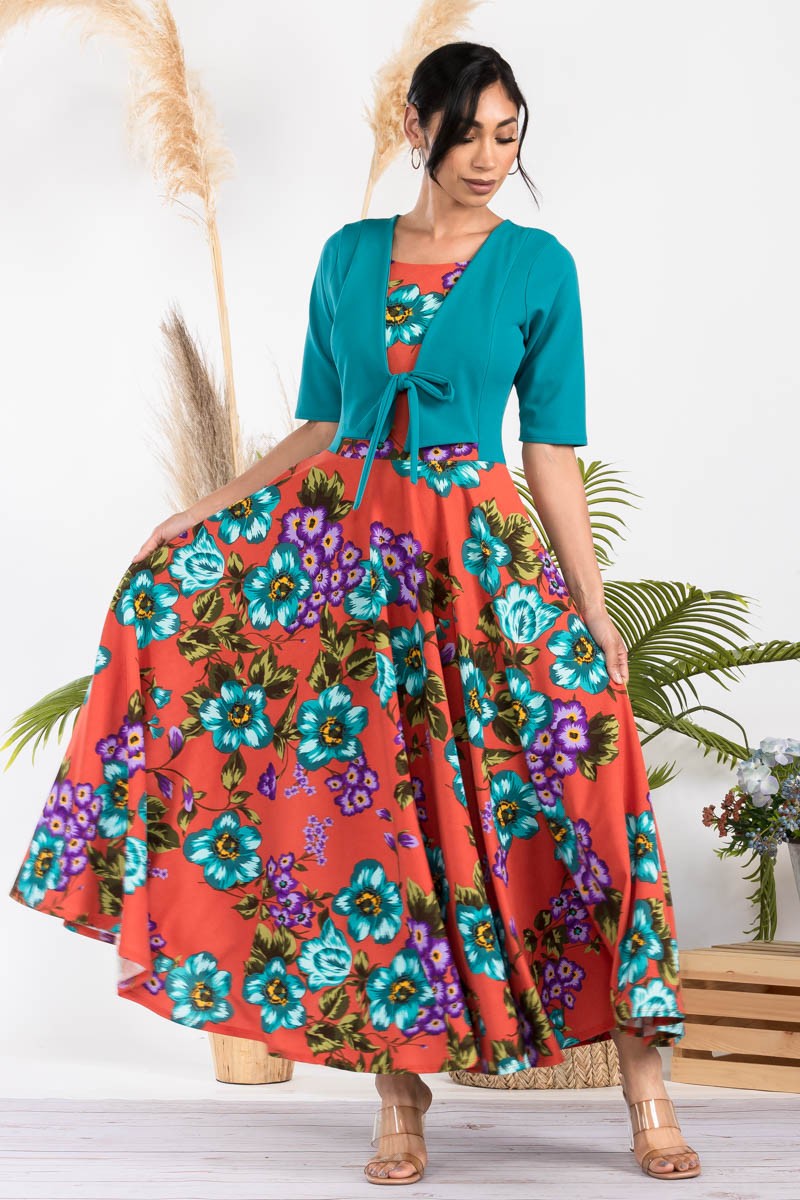 HH737X-FLOWER1 - FLORAL CHURCH MAXI DRESS WITH CROPPED TOP