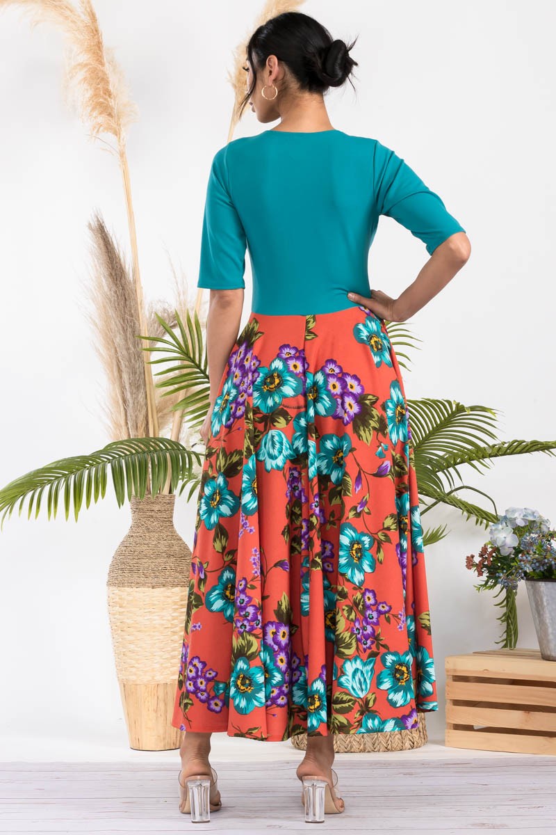 HH737X-FLOWER1 - FLORAL CHURCH MAXI DRESS WITH CROPPED TOP