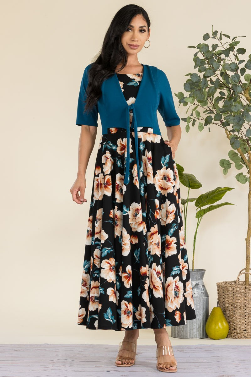 HH737X-FLOWER1 - FLORAL CHURCH MAXI DRESS WITH CROPPED TOP
