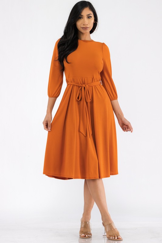 HH583R-S Midi Tie-Up Dress Puff Sleeves & Keyhole