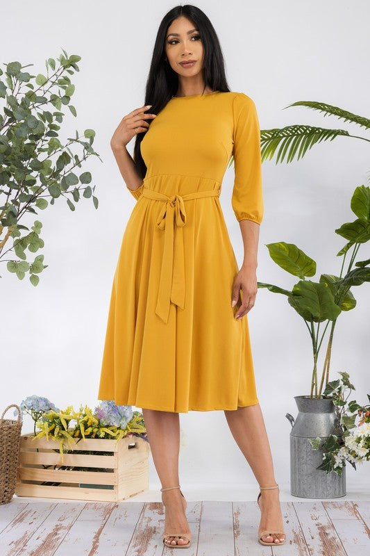 HH583R-S Midi Tie-Up Dress Puff Sleeves & Keyhole