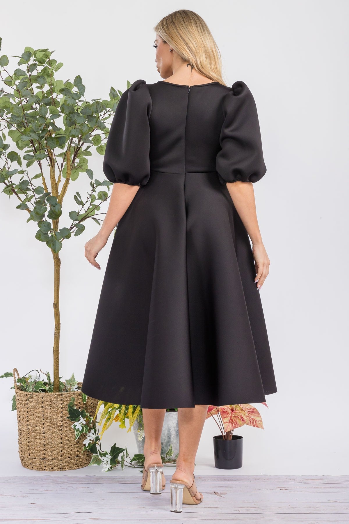 HH727R-S Puff Sleeve Midi Dress