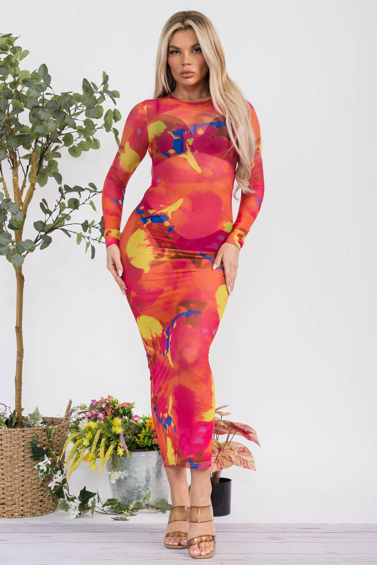 D2153 - MESH LONG SLEEVE BODYCON DRESS