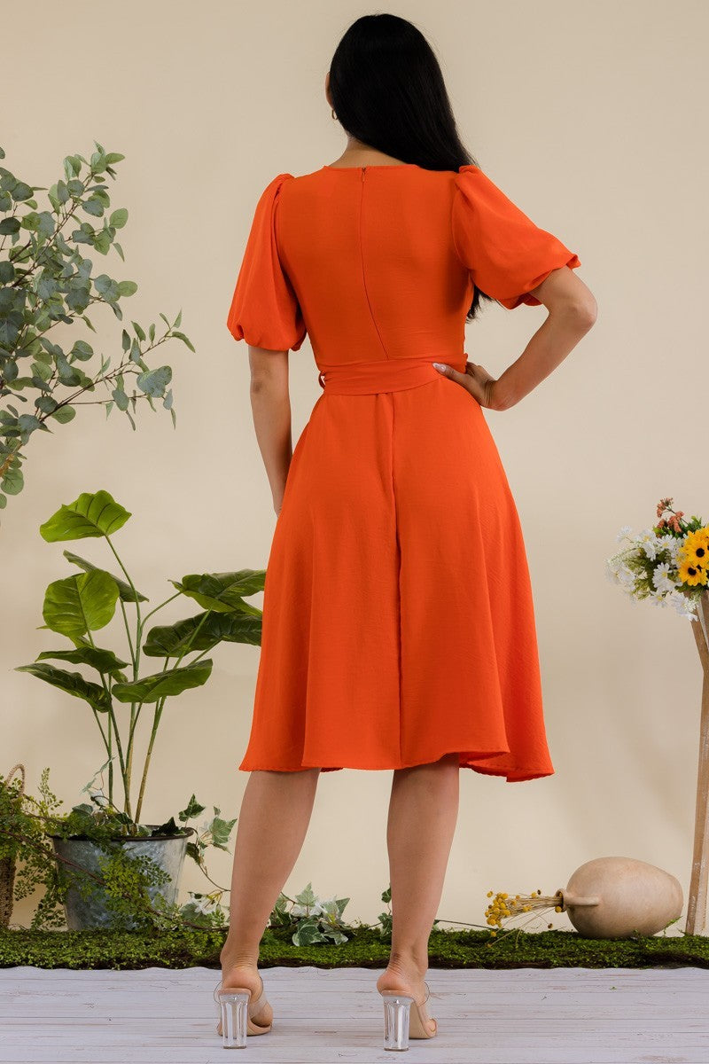 HH680R-SOLID - VESTIDO MIDI CON CINTURÓN Y MANGAS DE PRINCESA