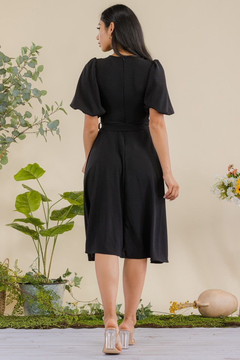 HH680R-SOLID - VESTIDO MIDI CON CINTURÓN Y MANGAS DE PRINCESA