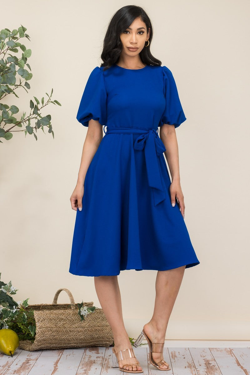 HH680R-SOLID - VESTIDO MIDI CON CINTURÓN Y MANGAS DE PRINCESA