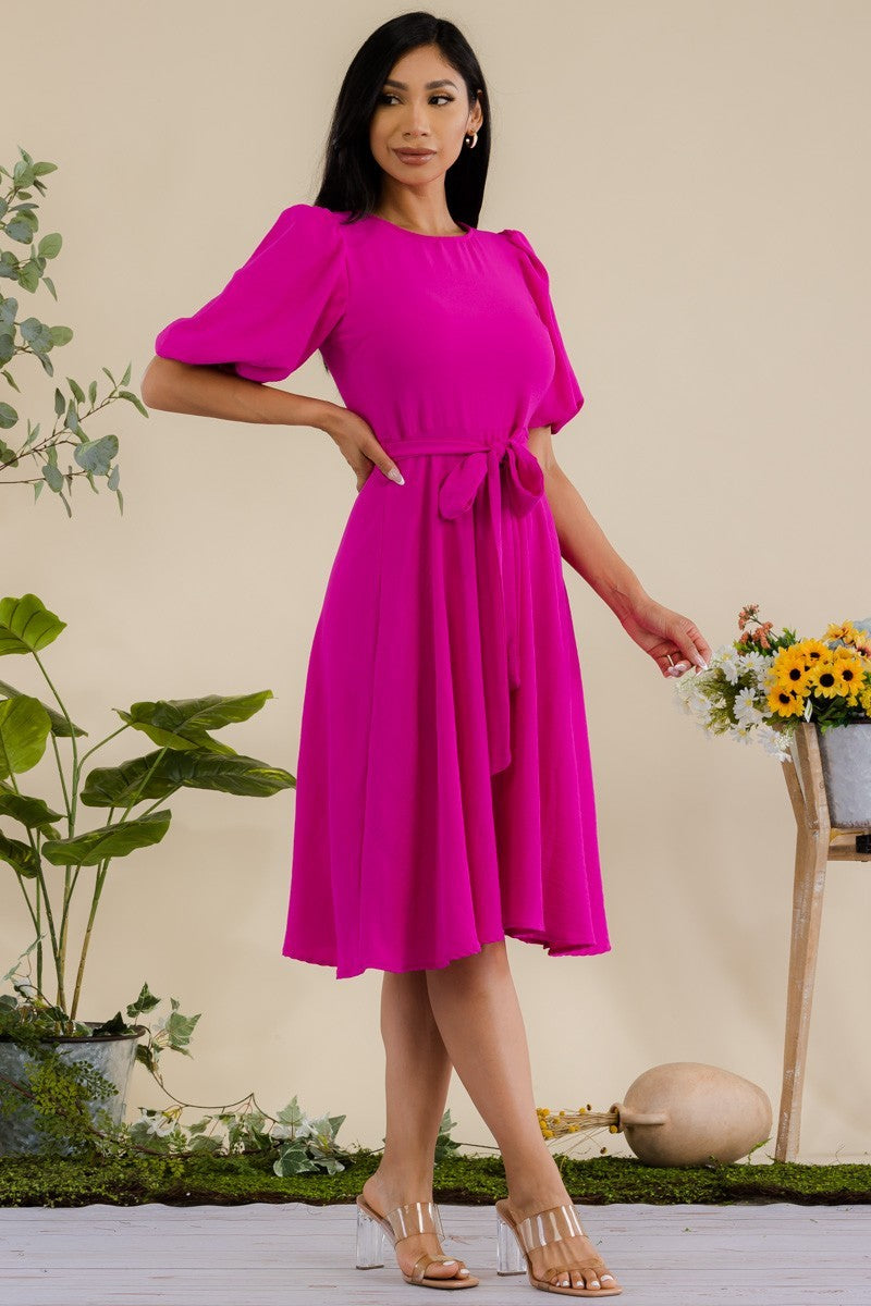 HH680R-SOLID - VESTIDO MIDI CON CINTURÓN Y MANGAS DE PRINCESA