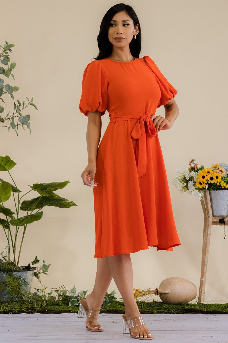 HH680R-SOLID - VESTIDO MIDI CON CINTURÓN Y MANGAS DE PRINCESA
