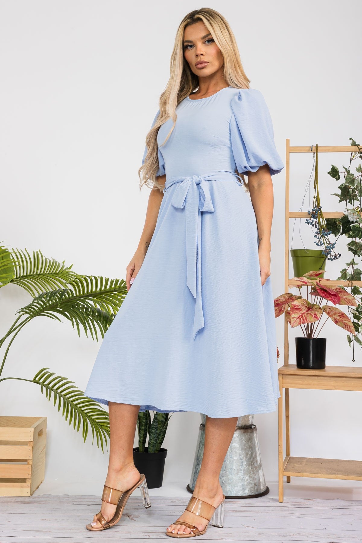 HH680R-SOLID - VESTIDO MIDI CON CINTURÓN Y MANGAS DE PRINCESA