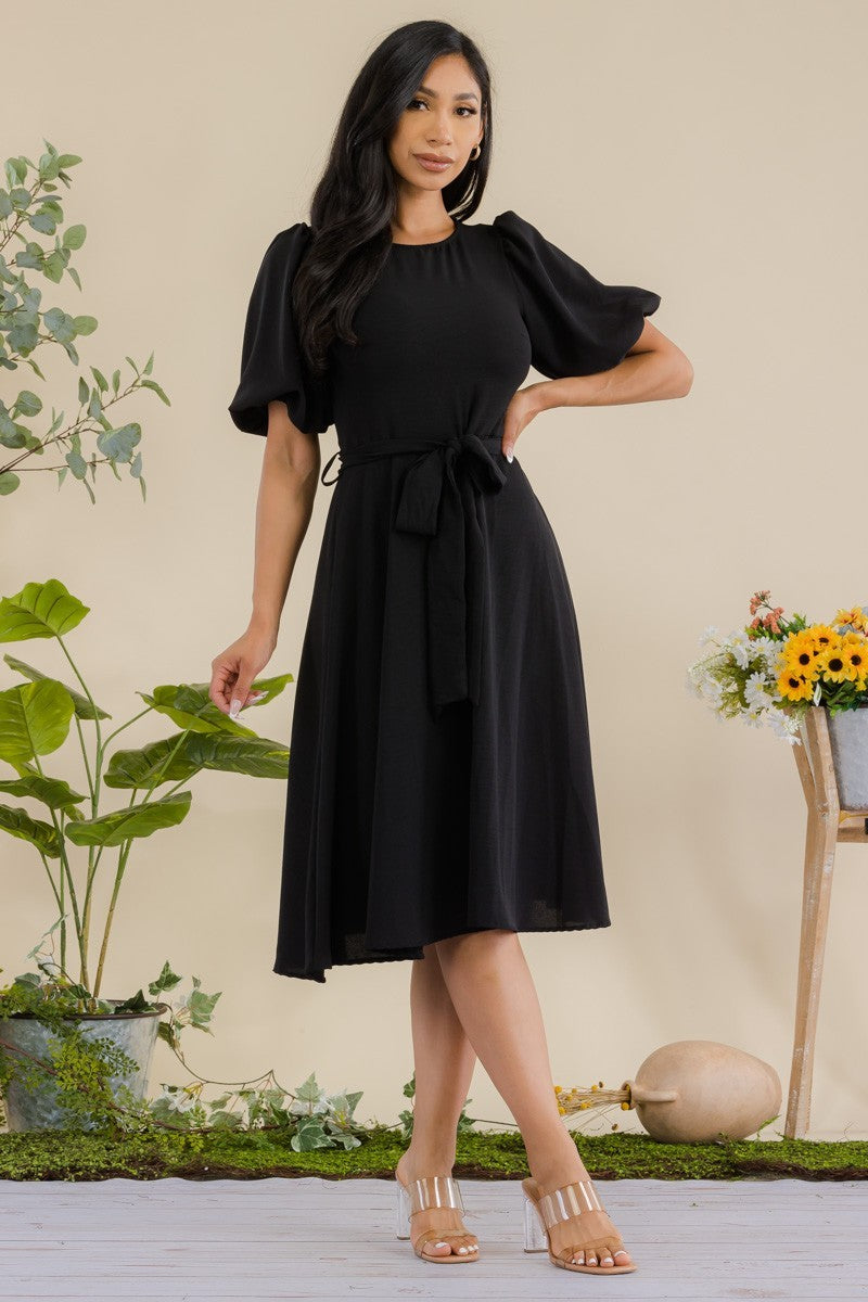 HH680R-SOLID - VESTIDO MIDI CON CINTURÓN Y MANGAS DE PRINCESA