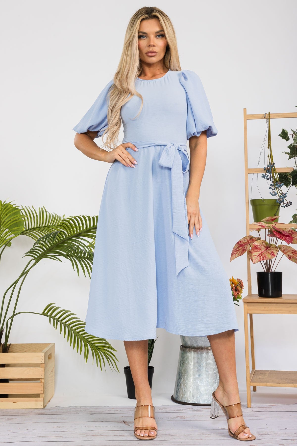 HH680R-SOLID - VESTIDO MIDI CON CINTURÓN Y MANGAS DE PRINCESA