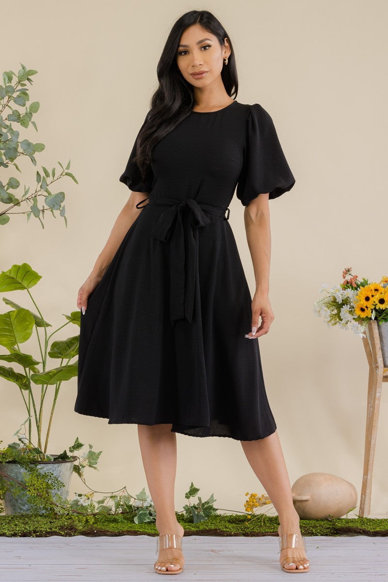 HH680R-SOLID - VESTIDO MIDI CON CINTURÓN Y MANGAS DE PRINCESA