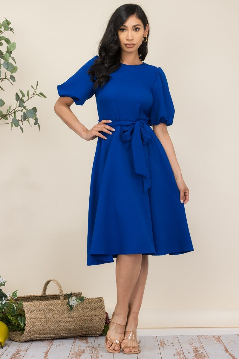 HH680R-SOLID - VESTIDO MIDI CON CINTURÓN Y MANGAS DE PRINCESA