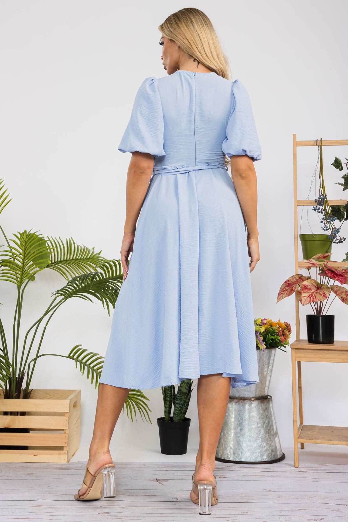 HH680R-SOLID - VESTIDO MIDI CON CINTURÓN Y MANGAS DE PRINCESA