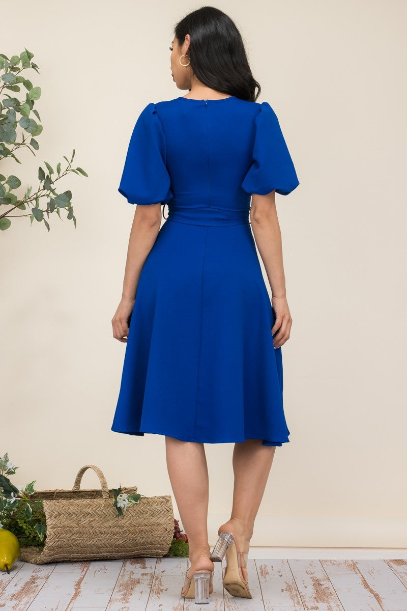 HH680R-SOLID - VESTIDO MIDI CON CINTURÓN Y MANGAS DE PRINCESA
