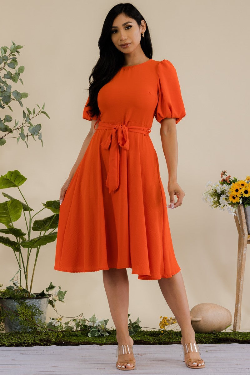 HH680R-SOLID - VESTIDO MIDI CON CINTURÓN Y MANGAS DE PRINCESA
