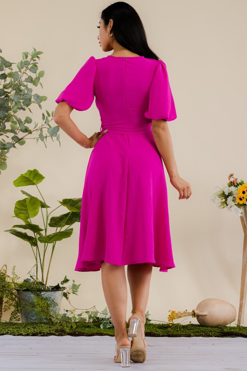 HH680R-SOLID - VESTIDO MIDI CON CINTURÓN Y MANGAS DE PRINCESA