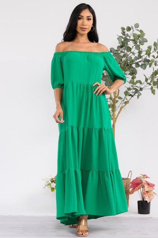 HH722R-S1 OFF SHOULDER TIERED MAXI DRESS