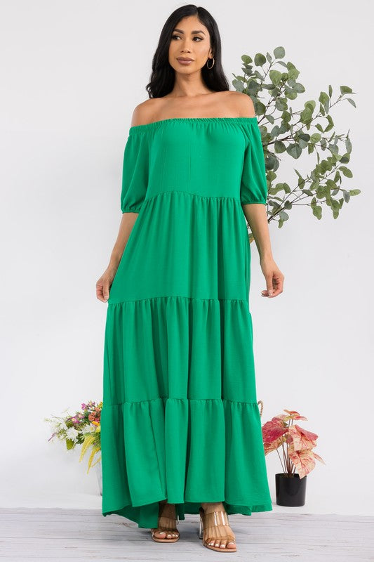 HH722R-S1 OFF SHOULDER TIERED MAXI DRESS