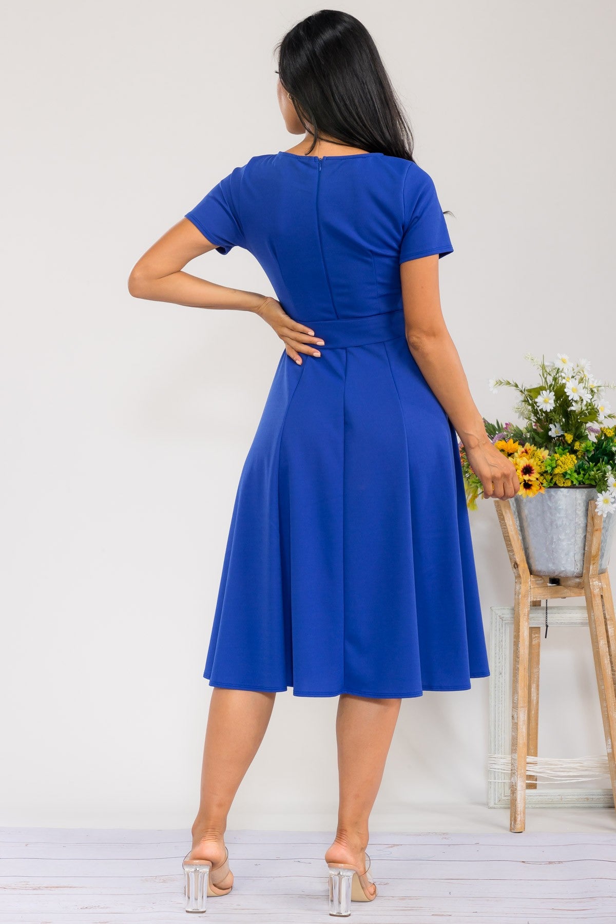 HH726BX-S Plus Size Roll Up Sleeve Belted Dress