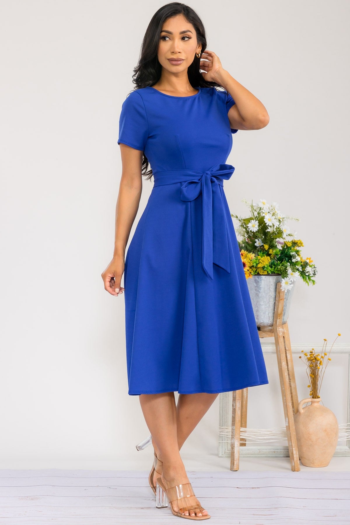 HH726BX-S Plus Size Roll Up Sleeve Belted Dress