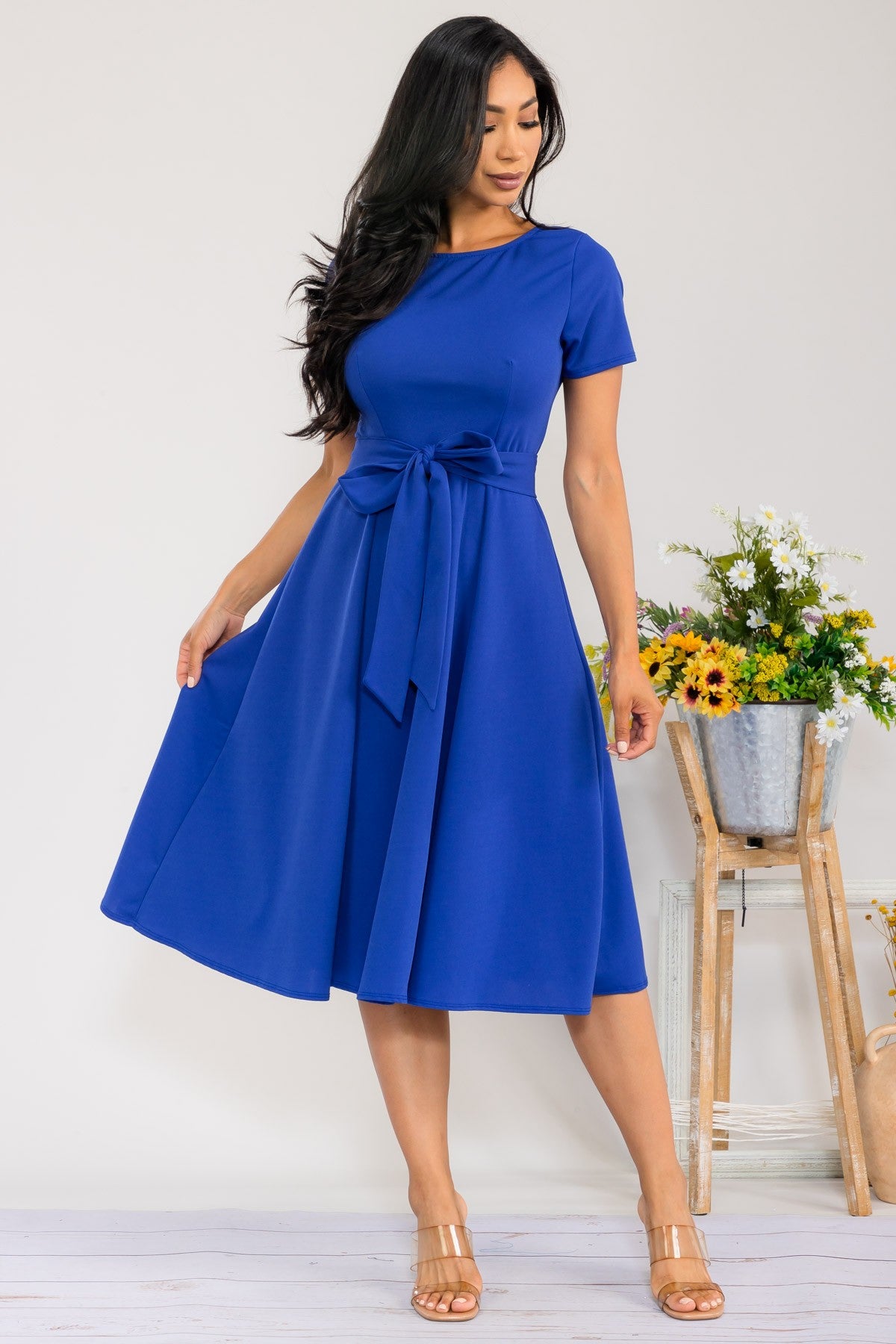 HH726BX-S Plus Size Roll Up Sleeve Belted Dress