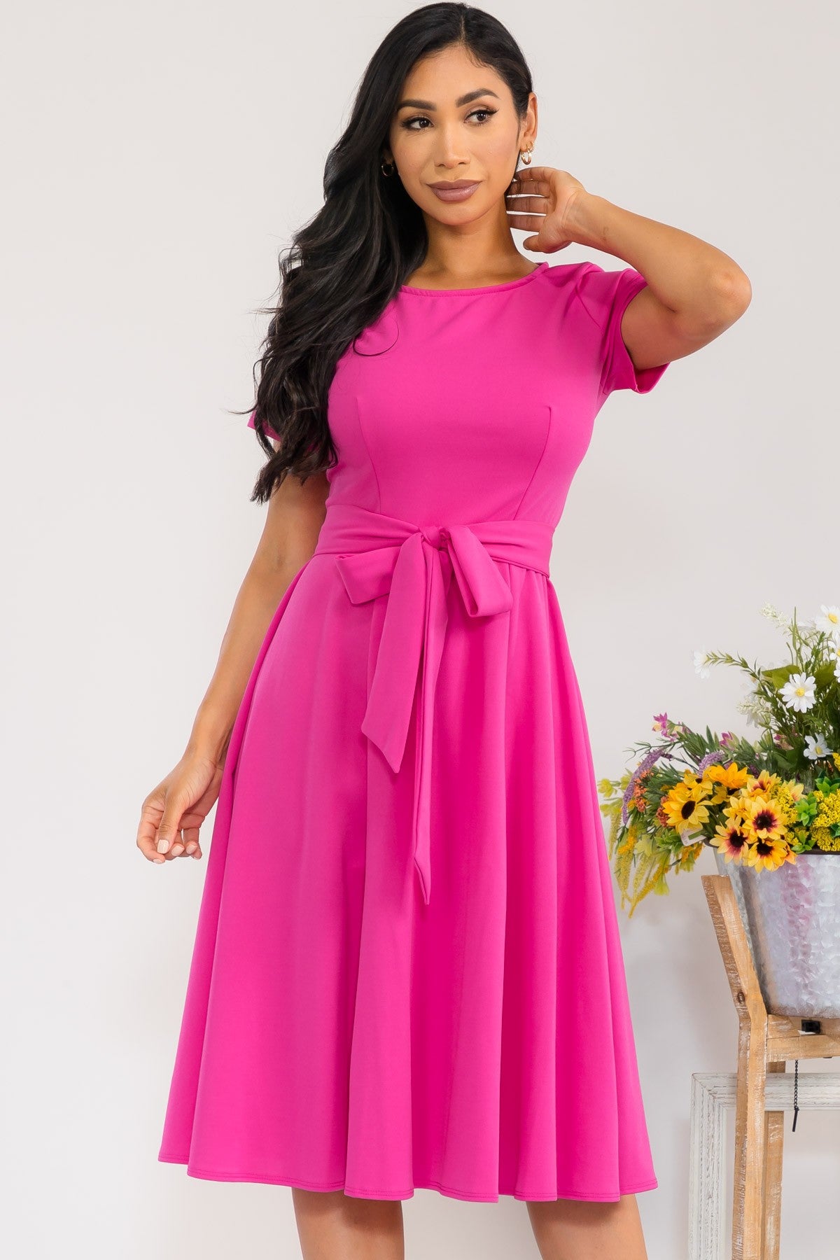 HH726BX-S Plus Size Roll Up Sleeve Belted Dress