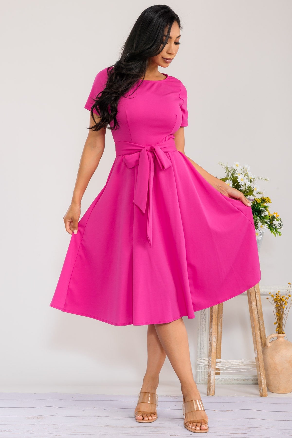 HH726BX-S Plus Size Roll Up Sleeve Belted Dress