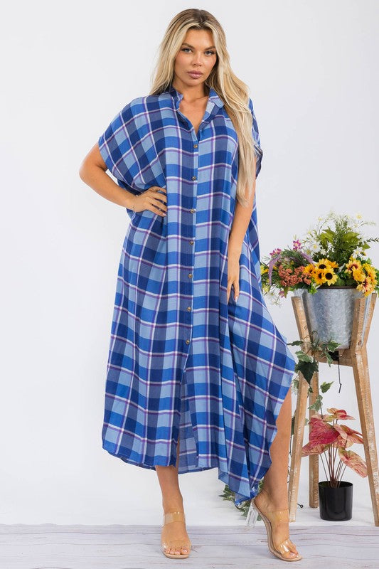 HH763X-PL Plus Plaid Button Down Shirt Dress