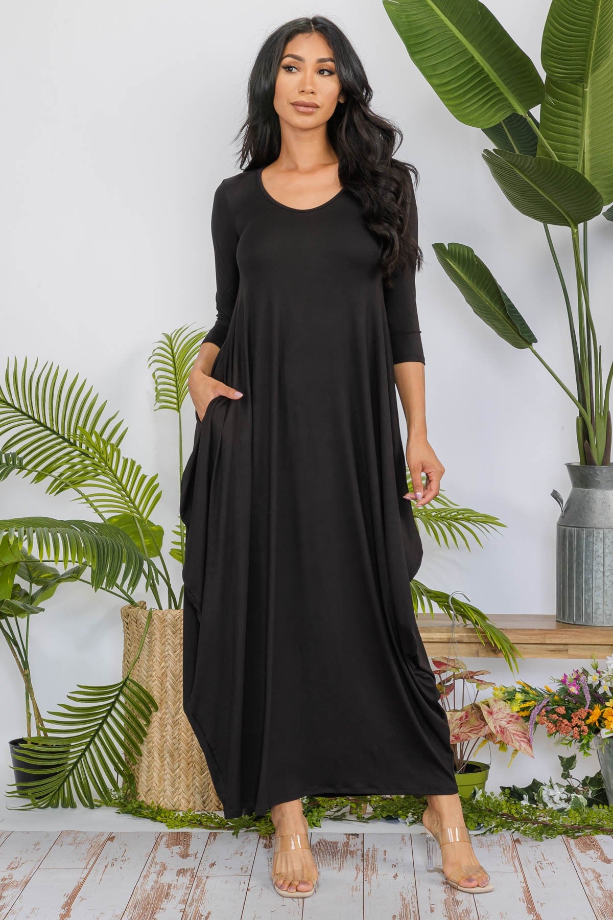 HH645X-SOLID - 3/4 SLEEVE MAXI DRESS