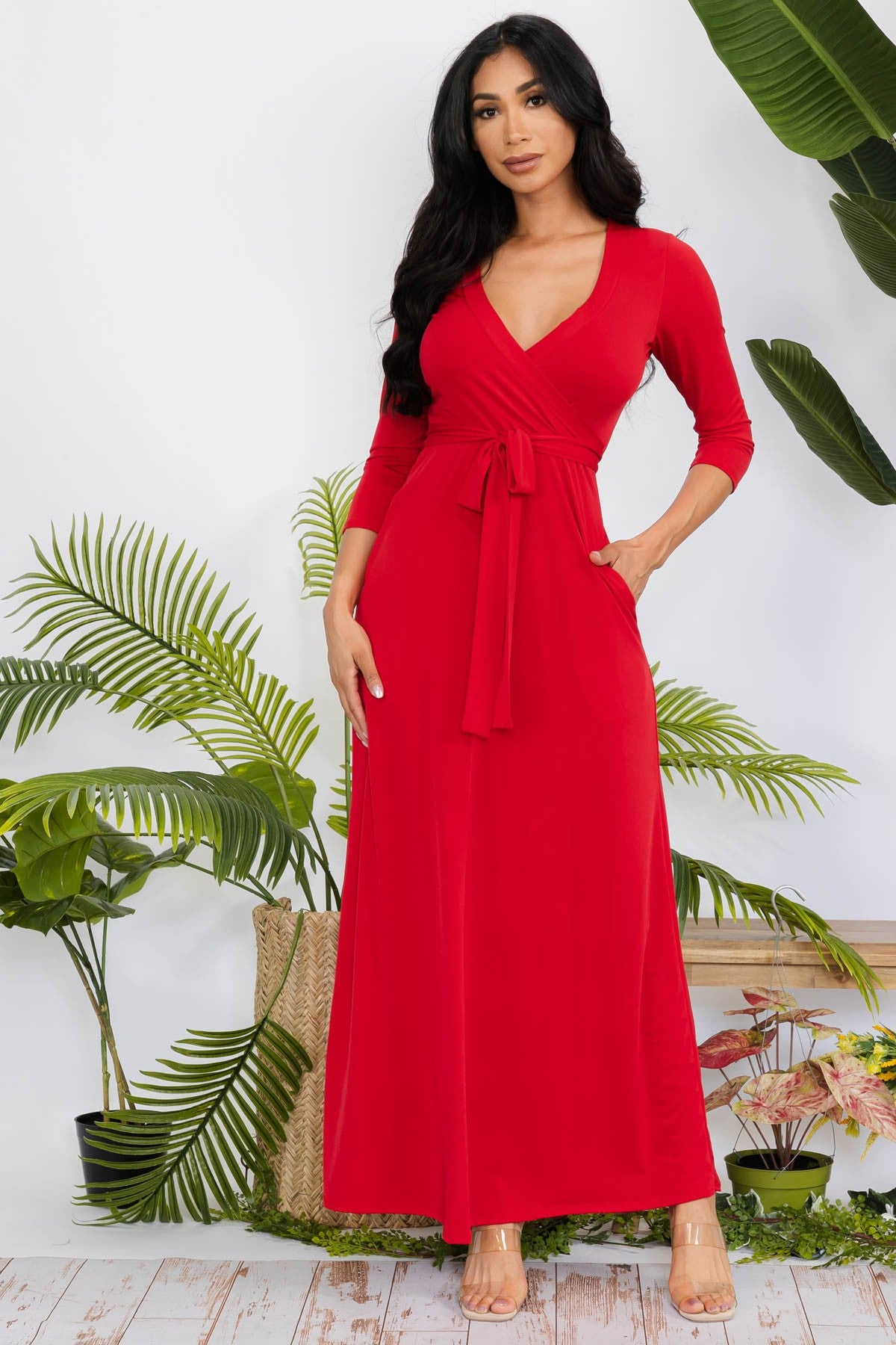 SAN149X-SOLID - 3/4 SLEEVE MAXI DRESS