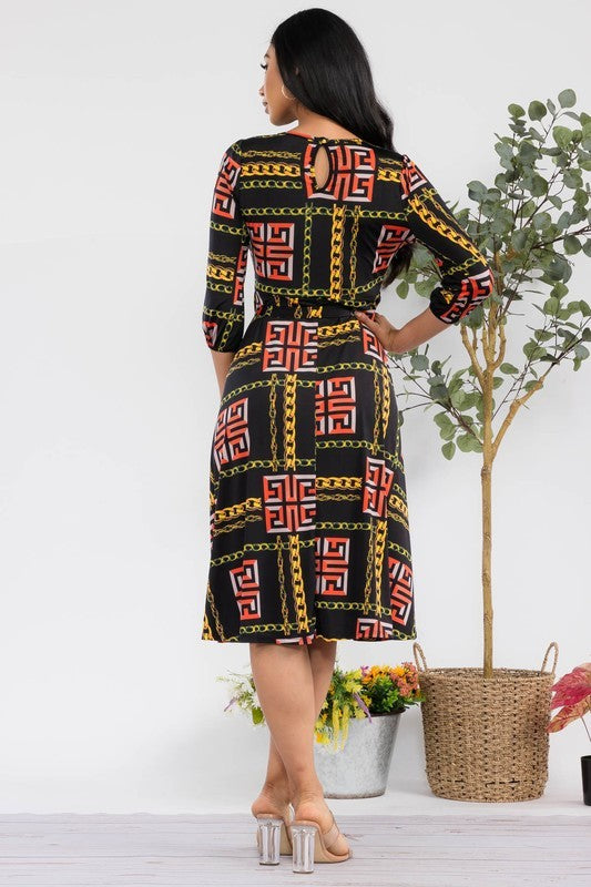 HH583R-S-CH - Chain Multi Midi Tie-Up Dress with Midi Sleeves