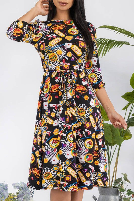 HH583X-P-CH - Plus Size Chain Multi Midi Tie-Up Dress with Midi Sleeves