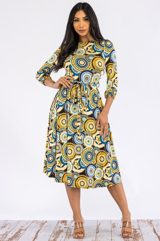 HH583R-S-CH - Chain Multi Midi Tie-Up Dress with Midi Sleeves