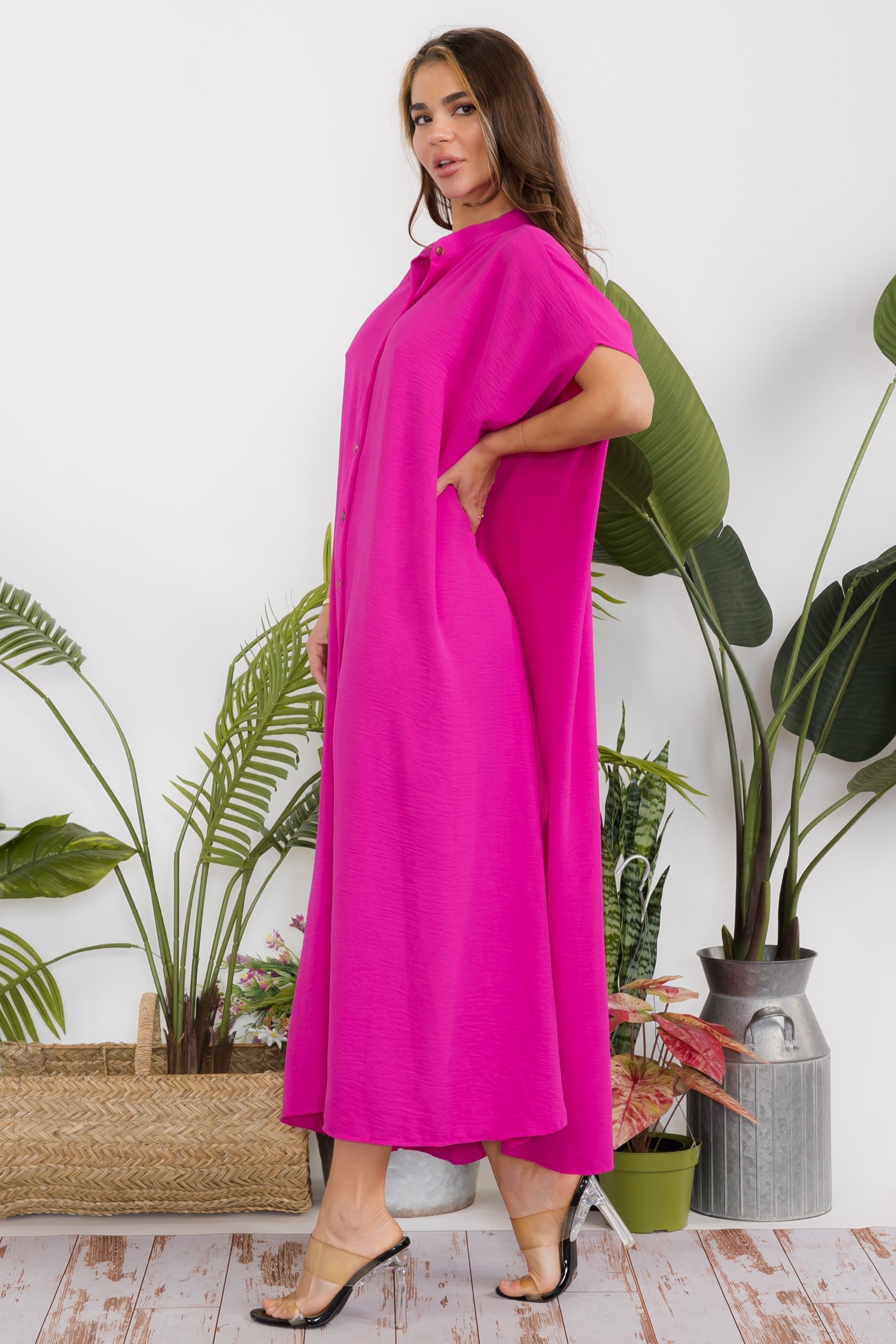 HH763R-S2 OVERSIZED BUTTON DOWN DRESS