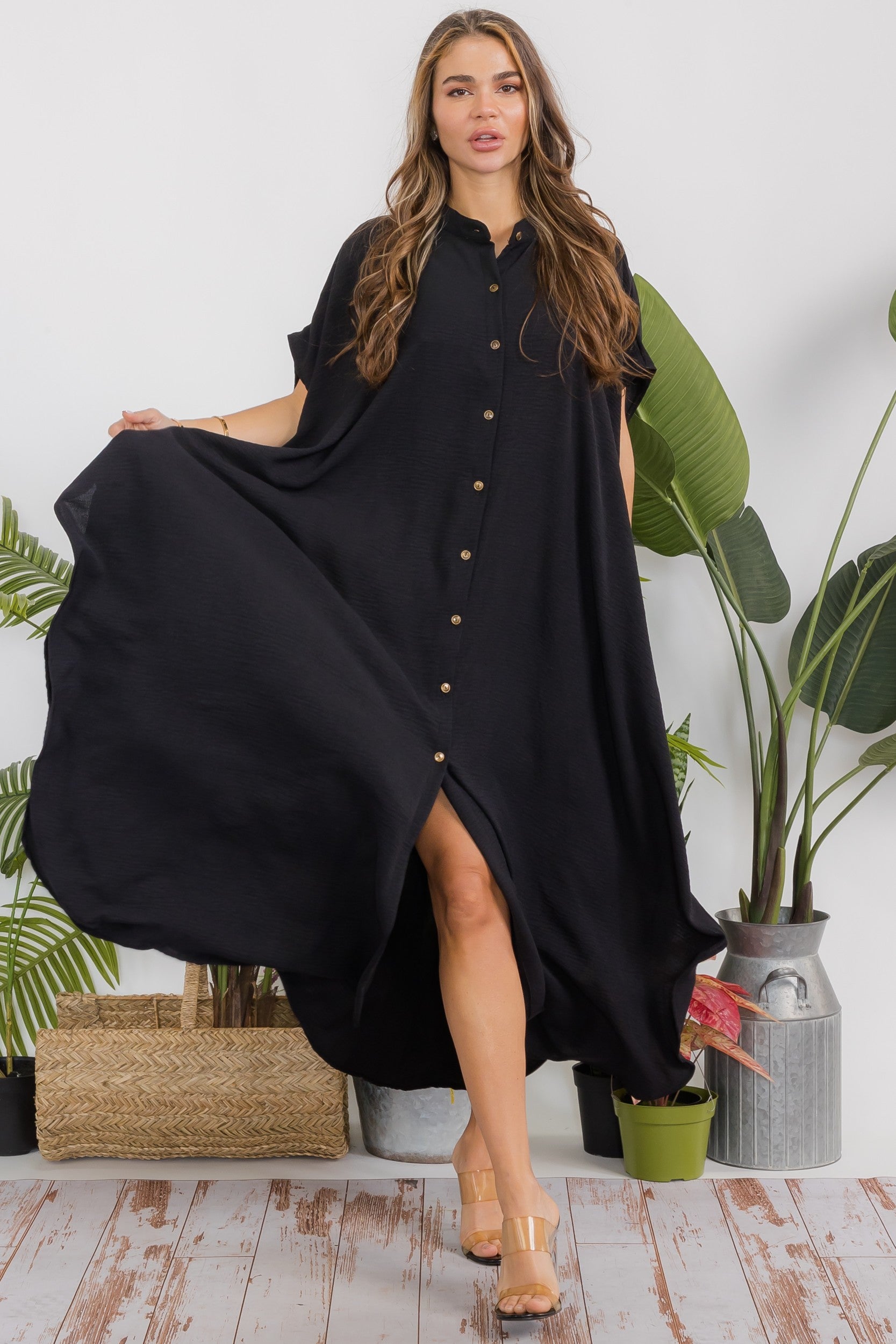 HH763R-S2 OVERSIZED BUTTON DOWN DRESS
